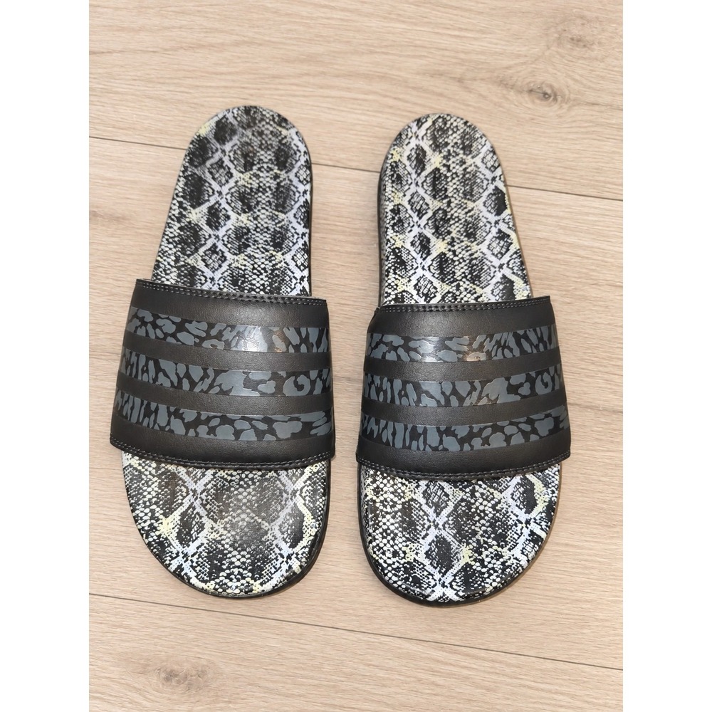Adidas Adilette Slides Women 9 Snakeskin Leopard Print Black White Sandals